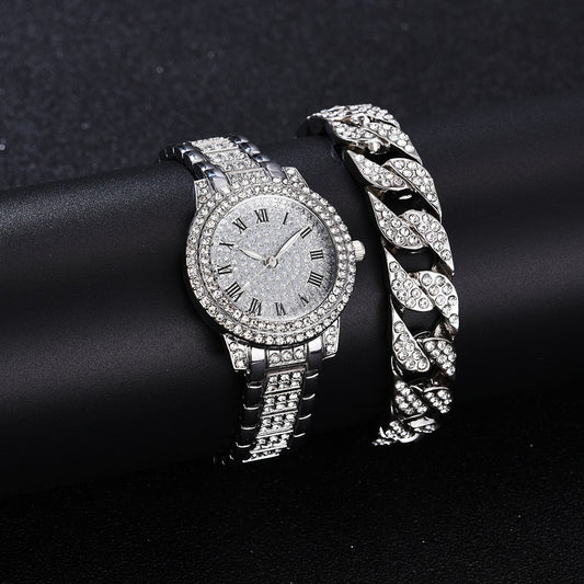 Komplett mit Diamanten besetzte Gentleman-Uhr und Armband